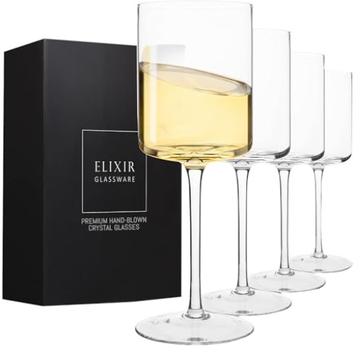 ELIXIR GLASSWARE Crystal Square Wine Glasses - Set of 4-14 oz Stemware - Red Wine & White Wine Entertaining Drinkware - 100% Lead-Free Glass - Unique Modern Design - 4 Count (Pack of 1)