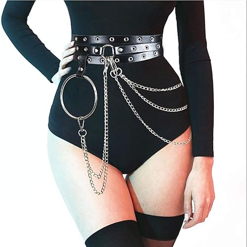 Sethain Punk Leather Waist Harness Black Layered Waist Chain Belt Ring Gothic Waistband for Women