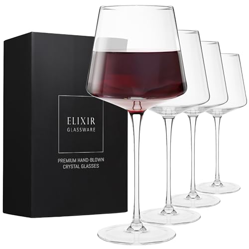 Modern Red Wine Glasses Set of 4 – Hand Blown Crystal Wine Glasses – Tall Long Stem Wine Glasses – Unique Large Wine Glasses with Stem For Cabernet, Pinot Noir, Burgundy, Bordeaux – 22oz Clear
