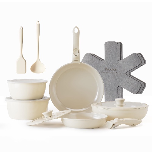 Redchef - Juego de ollas y sartenes de cerámica, juego de utensilios de cocina antiadherentes con mango desmontable, juego de utensilios de cocina no tóxicos, 16 piezas, última intervensión de PFAS