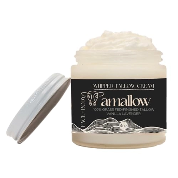 Amallow 100% Grass Fed Beef Tallow for Skin Care - Face + Body - Whipped Moisturizer - 100% Natural Lotion, 4 FL. oz. (Vanilla Lavender)