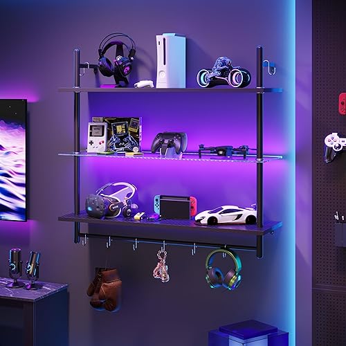 Bestier Gaming LED Floating Shelves for Wall, 41" Wall Mounted Shelf Pipe Glass Shelves, 3 Tier Hanging Display Rack with 8 S-Hooks Towel Bar, Kitchen Gaming Room Wall Decor, Carbon Fiber Black - 41 inch - Black 3d Carbon Fiber