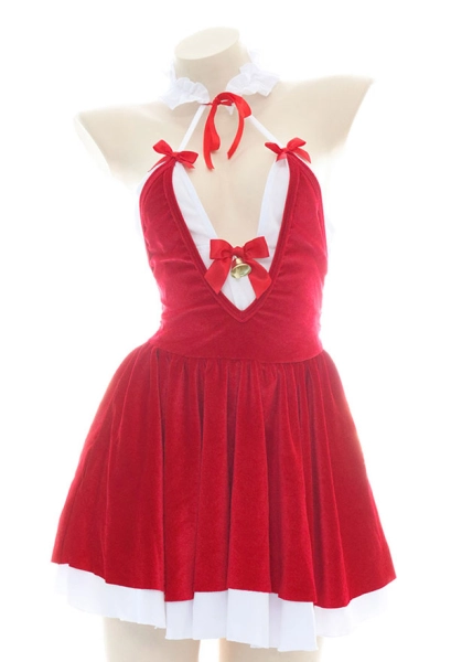 Christmas Lingerie Set Backless Halter Dress Costume Outfit for Women Homewear