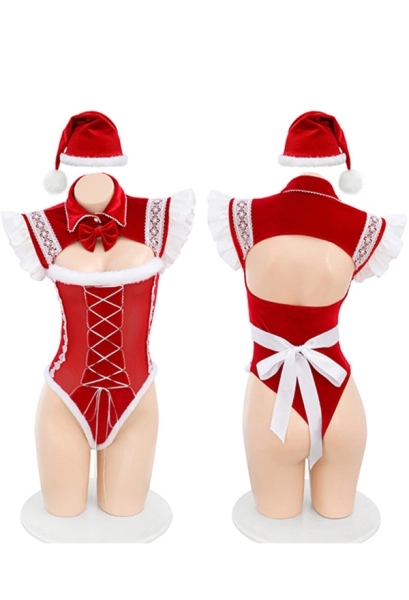 Christmas Sexy Lingerie Set Red Furry Cutout Bodysuit with Hat