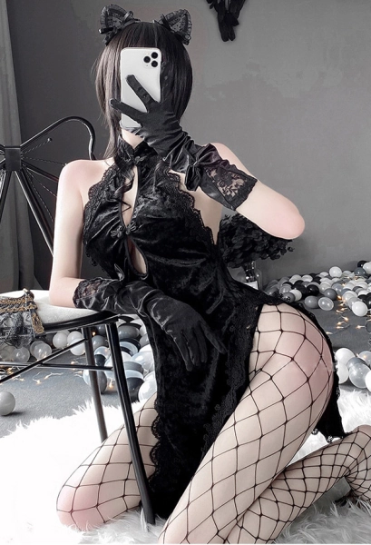Women Cheongsam Sexy Lingerie Set Halter Lace Velvet Vintage Dress
