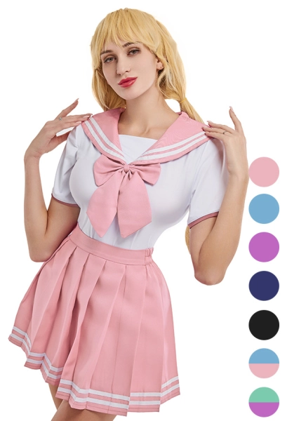 School Girl Costume with Bow Decoration Sexy Bodysuit with Skirt JK Uniform Style 