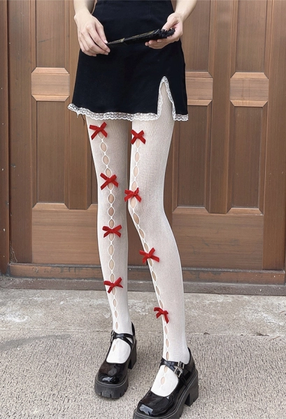 Japanese Style Cute Bowknot Hollow Out Pantyhose Stockings Lace Leggings Silk Stockings