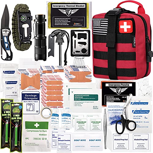 EVERLIT 250 Pieces Survival First Aid Kit IFAK EMT Molle Pouch Survival Kit Outdoor Gear Emergency Kits Trauma Bag for Camping Boat Hunting Hiking Home Car Earthquake and Adventures - Red