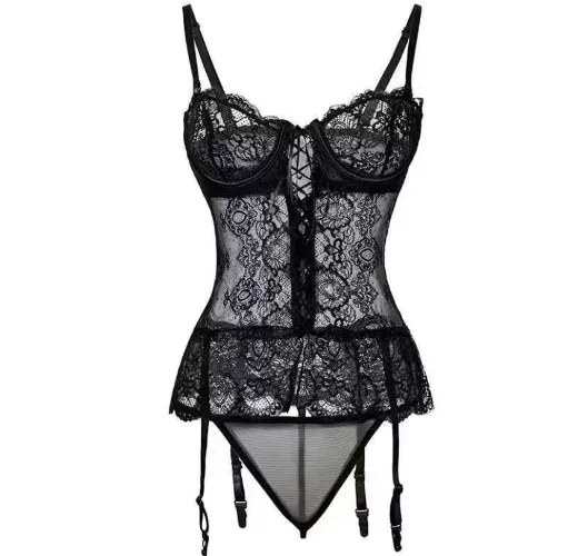 Frances Sexy Bustier with Lace Stockings | Black