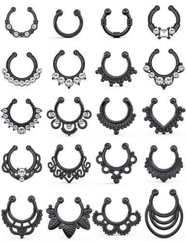  Fake Septum Nose Hoop Rings Clear CZ Faux Non Pierced Clicker Hanger Nose Septum Ring Clip On Body Piercing Jewelry 20PCS - 20PCS - Black