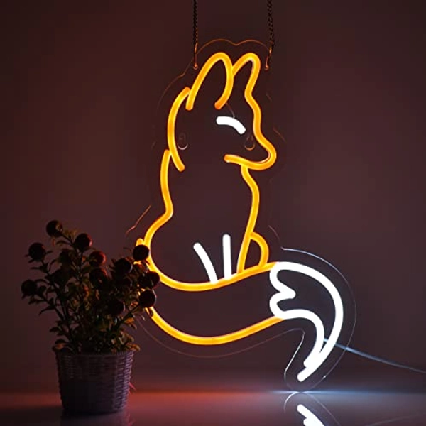 Roouneon Neon Sign for Wall Décor Fox Signs with Dimmable Switch LED Neon Signs Bedroom Room Home Beer Bar Neon Light Sign Hotel Party Club Office Art Lights(Brown+White)