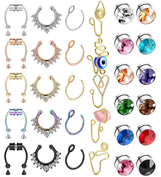 LOLIAS Fake Septum Fake Nose Ring Septum Nose Ring Stainless Steel Nose Lip Stud Fashion Septum Fake Nose Ring Hoop Non-Piercing Clip On Nose Cuffs Pretend Nose Ring