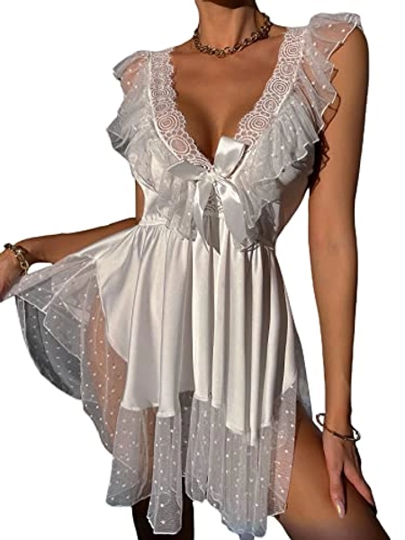 Milumia Women's Satin Lace Chemise Nightgown Bow Tie Ruffle Swiss Dots Lingerie Dress Sleepwear