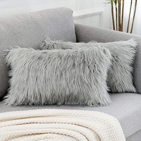 WLNUI Set of 2 Lumbar Light Grey Decorative Pillow Covers New Luxury Series Merino Style Faux Fur Fluffy Throw Pillow Covers Fuzzy Cushion Case 12x20 Inch