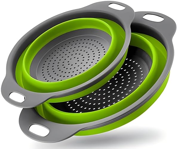 Collapsible Colander Set of 2 Silicone Kitchen Strainer Set, Perfect for Draining Pasta, Vegetable and fruit for Kitchen and Travel Use (green), large, KY-001 - Green