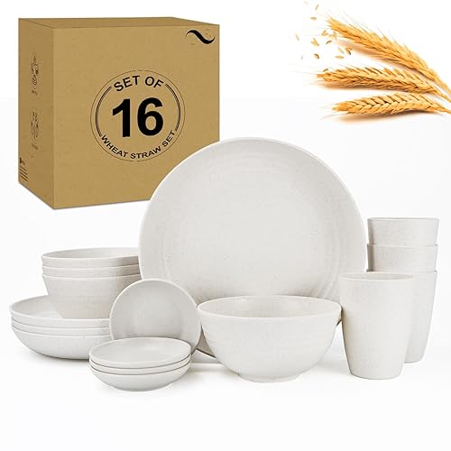 16-Piece Kitchen Plastic Wheat Straw Dinnerware Set, Service for 4, Unbreakable Plastic Dish Set - Dinner Plate/Soy Sauce Dishes/Cereal Bowl/Cup, for Apartment Basics, Outdoor Camping,White - 16 PCS - White