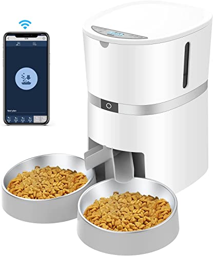 WellToBe Smart Futterautomat Katze & Hund, WiFi Automatischer Futterspender für 2 Katze, Pet Feeder mit Timer, Ton-Aufnahmefunktion, App-Steuerung, Portion Steuerung, zu 6 Mahlzeiten am Tag (Weiß) - Weiß