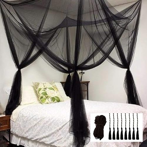 Comtelek Mosquito NET for Bed Canopy, Four Corner Post Curtains Bed Canopy Elegant Mosquito Net Set, Stick Hook &Profession Rope for net, Screen Netting Canopy Curtains, Full/Queen/King/Black - Black