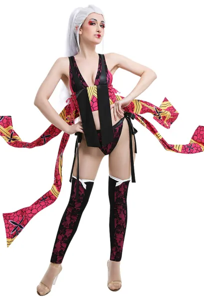 Demon Slayer Daki Suspender Lace Jacquard Ribbon-Decorated Top and Pants Fullset Cosplay Costume with Leg Covers