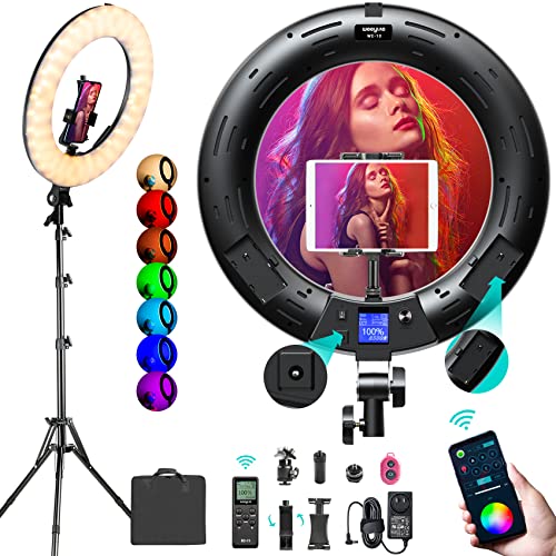 Weeylite 18 inch RGB Ring Light Kit, App Control 360° Full Color LED Selfie Ring Light with Stand and Phone Holder/Remote, Dimmable Bi-Color 2500K–8500K CRI 95+ Ring Lights for TikTok YouTube Makeup - WE-10-18"-Black