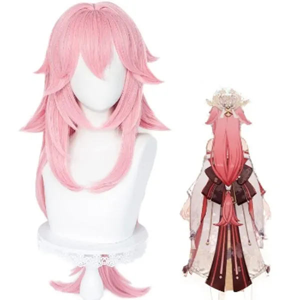 Alacos Anime Multiple Roles Cosplay Wigs for Genshin Impact Long Pink Wavy Costume Wig+ Free Cap (Pink Yae Miko)