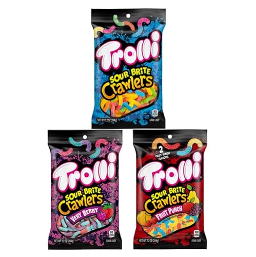 Bundle of Trolli Sour Brite Crawlers, 7.2 Ounce - Original Flavored Sour Gummy Worms, Fruit Punch, & Very Berry - Variety Pack - 7.2oz (Pack of 3)