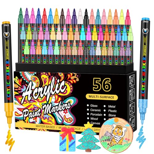 Efimeso Acrylic Paint Pens Set of 56 for Rocks Painting Ceramic Stone Glass Wood Metal, 0.7mm Extra Fine Tip Water Based Markers - 56 colors
