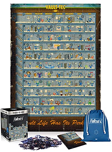 Good Loot Fallout 4 Perk Poster - 1000 Pieces Jigsaw Puzzles for Adults and Kids Age 14 Up - 68x48cm Gaming Puzzle Poster and Carry Bag - Fallout Merchandise