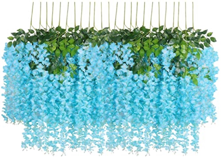 24 Pack Artificial Fake Wisteria Vine Garland 3.6Ft/Piece Silk Wisteria Vine Ratta Hanging Flower for Home Garden Wedding Decor (Wisteria-Blue) - Wisteria-blue - 24 pack