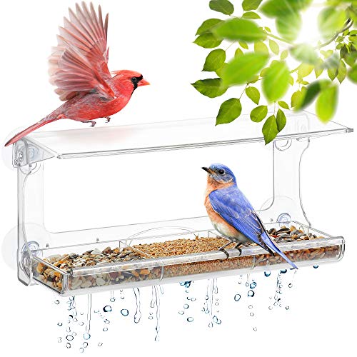 UPP vogelhaus Fenster - groß vogelfutterspender mit 4 extra starken Saugnäpfen,Dach,Ablauflöchern und 3-teiligem,abnehmbarem Tablett | Polycarbonat Kunststoff - Transparent 30 x 10 x 14 cm - 30x10x14 cm (Lot de 1)