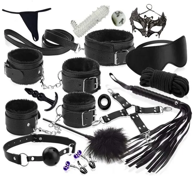 LOVONE - 18-Piece Bondage Set, Perfect for Beginners and Experts, Handcuffs and Eye mask, Sex Toys for Couples, Sex Lovers, Bondage Set, Black