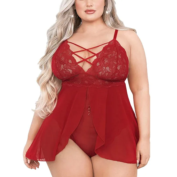 Plus Size Babydoll for Women Double Layer Elastic High Waist Teddy Chemise Comfy Floral Lace Lingerie