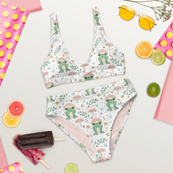Kawaii Bikini Cute Cottagecore Frog Recycled High Waisted Bikini Mushroom Bikini Plus Size Bikini Pink Green Two Piece Women&#39;s Swimwear
