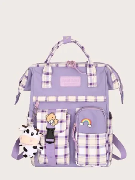 Cartoon Charm Plaid Pattern School Bag
