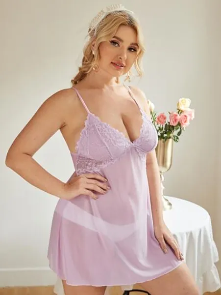 Plus Contrast Lace Mesh Slips