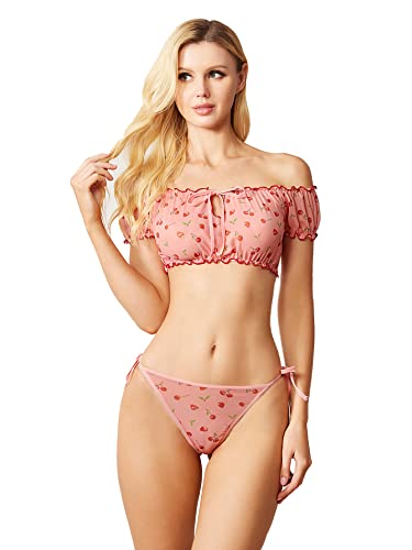 WDIRARA Women's 2 Piece Ruffle Trim Mesh Wireless Self Tie Lingerie Set Bra and Panty Set - Medium - Coral Red