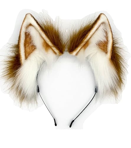 Agymo Handmade Cat Ears with Gift Box,Animal headbands, Fox Wolf Animal ears, Costume Headwear Halloween costume - Big ears - Brown White