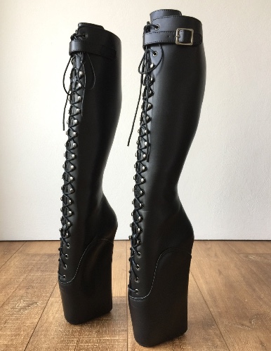 RTBU JASON Ballet Wedge Laceup Knee Hi Boots Hoof Strap Fetish Dominatrix Black Patent | 36 / Black (Matte)