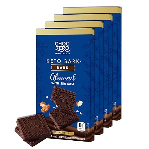 ChocZero Keto Bark, Dark Chocolate Almonds with Sea Salt, Sugar Free, Low Carb, No Sugar Alcohols, No Artificial Sweeteners, All Natural, Non-GMO, 3.2 Ounce (Pack of 4) - Almond - 3.2 Ounce (Pack of 4)
