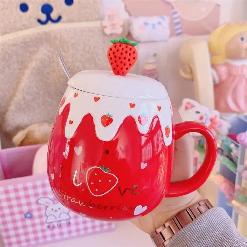 Strawberry Desert Mugs with Lid and Spoon for a Kawaii Morning - Red With Spoon