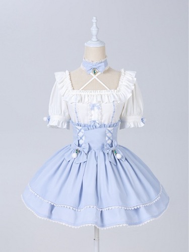[$27.00]Baby Blue Jirai Kei Pompom Bows Adorned High Waist Skirt Smocked Elastic Back Waist