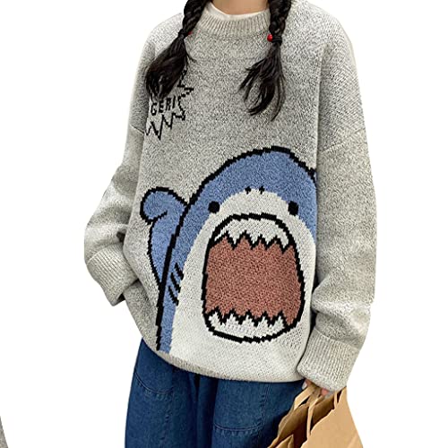 Unisex Cartoon Shark Sweater Crew Neck Long Sleeve Oversized Knit Jumper Tops - Xl - Medium