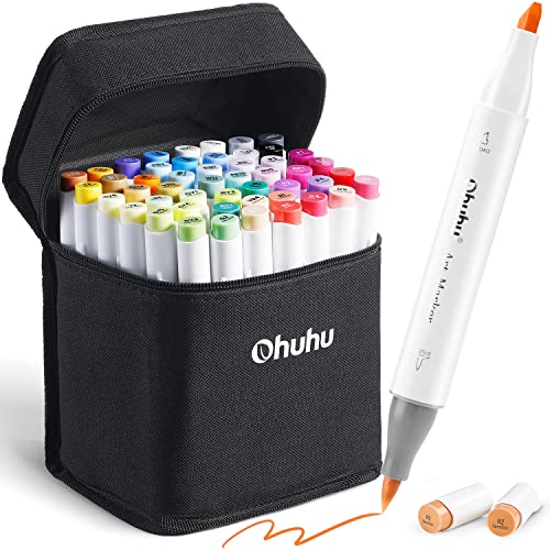 48 Color Ohuhu Alcohol Markers Brush Tip: Double Nibs Drawing Marker for Kids Adults Coloring Books Soft Tip Markers 1 Alcohol-based Marker Blender, Brush & Chisel- Honolulu New Year Pen Gift - 48-color