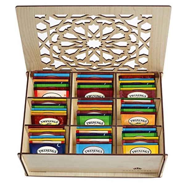 Twinings Tea Bags Sampler Assortment in Wooden Tea Box Organizer Perfect Variety Pack in Wood (MDF) Gift Box (80 Count) 16 Flavors Gifts for Family Friends Coworkers (White)