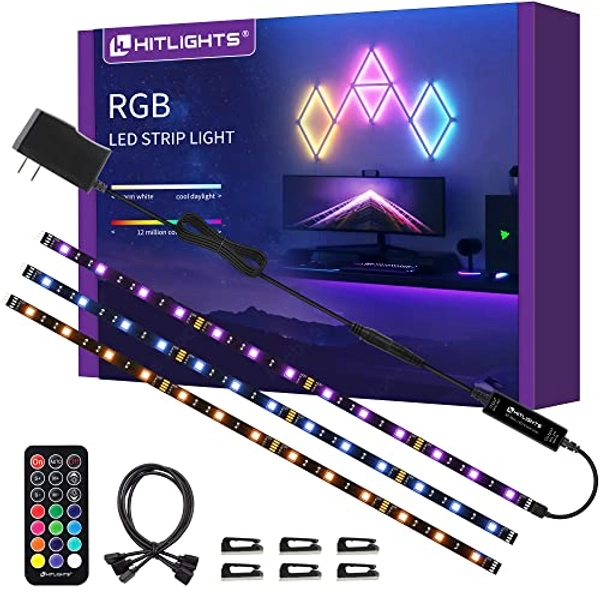 Hitlights LED Strip Lights 3 Pcs 1.64FT RGB Small LED Light Strips Kit Dimmable RGB 5050 Color Changing Tape Lights TV Backlight Display Case Lights Shelves Lighting with RF Remote & UL-Listed Adapter