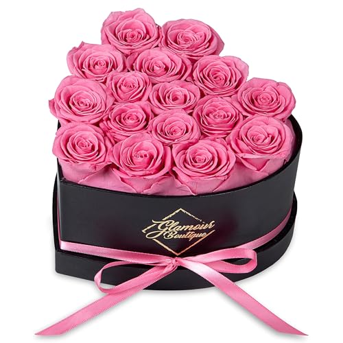 GLAMOUR BOUTIQUE 16-Piece Forever Flowers Heart Shape Box - Preserved Roses, Immortal Roses That Last A Year - Eternal Rose Preserved Flowers for Delivery Prime Mothers Day & Valentines Day - Pink - 16 Roses - Pink 16 Roses
