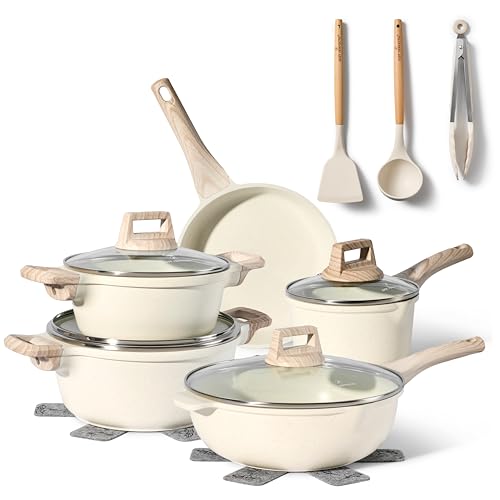 JUST PERFECTO Topfset Induktion - Pfannenset mit deckel - Pfanne 24cm, Bratpfanne 28 cm - kochtopf set 28cm antihaft pfanne ohne ptfe und pfoa (14-Teilig Beige) - 14-teilig Beige