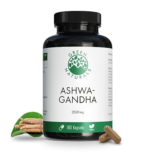 GREEN NATURALS Ashwagandha Wurzelextrakt | Hochdosiert: 2500mg | 127mg Withanolide | 180 Kapseln | 2 Monate Vorrat | 100% Vegan & Ohne Zusätze | rein pflanzlich