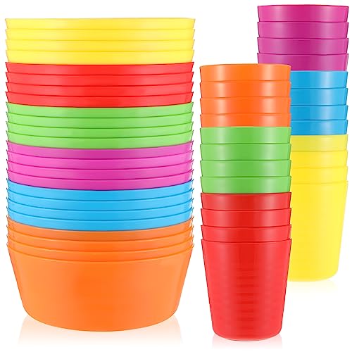 48 Pcs Kids Plastic Dinnerware Set of 24 Includes 24 Pcs Plastic Bowls 24 Pcs Colorful Kid Cups Safe Reusable Children Dinnerware Microwave Dishwasher Snack Bowl BPA Free Bowls for Children Toddler