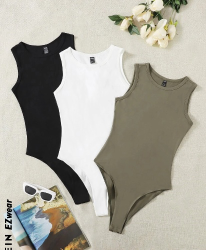 SHEIN EZwear 3pcs Solid Round Neck Bodysuit | SHEIN
